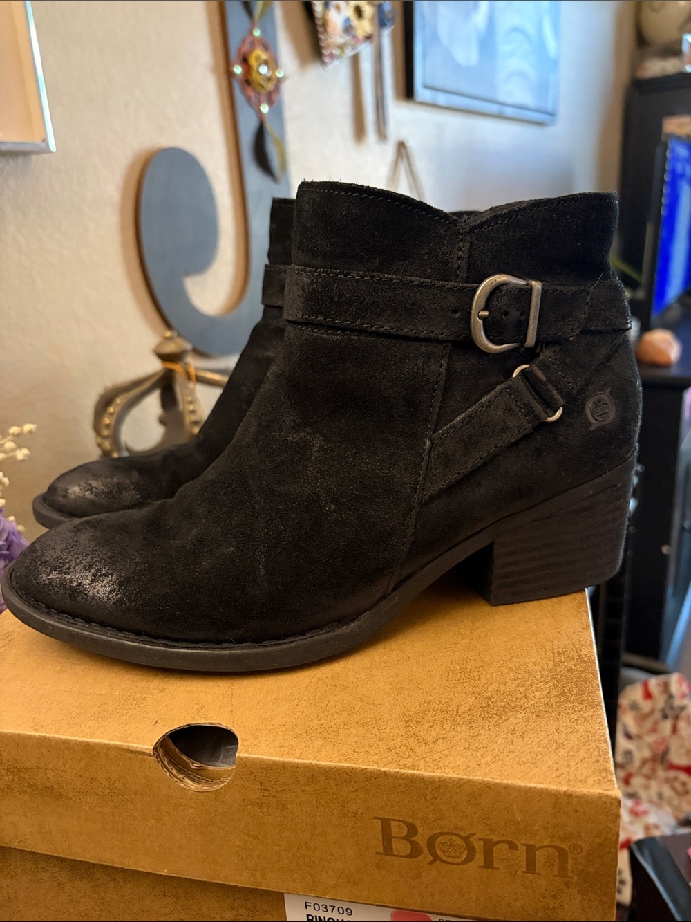 Born Binghamton Women's Black Suede Ankle Booties with Buckle